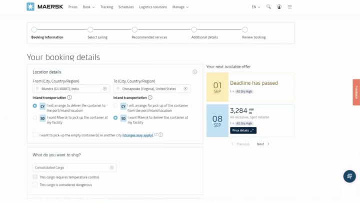 Screenshot showing Maersk Spot’s New Booking page where you enter your booking details.