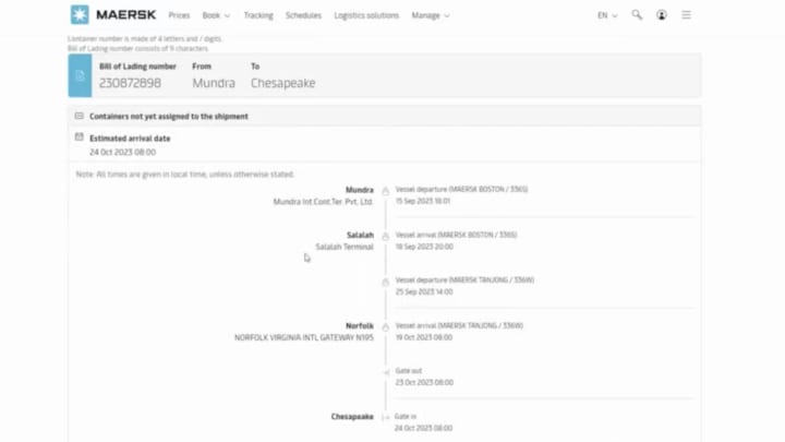 Screenshot showing Shipment details page with the shipment’s B/L number and transport plan summary.