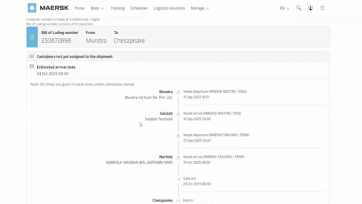 Screenshot of the Tracking Page in Maersk’s digital portal. Includes the Bill of Lading number, From and To locations of the shipment, with their estimated arrival times at each location.