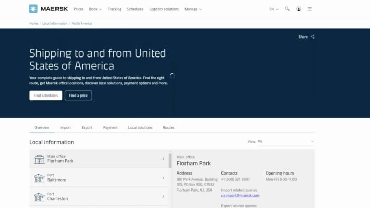 Screenshot showing Maersk’s Logistics Services page with Local Information for their Offices and Ports in the USA.