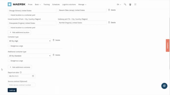 Web Interface for Maersk’s Inland Price Lookup tool.