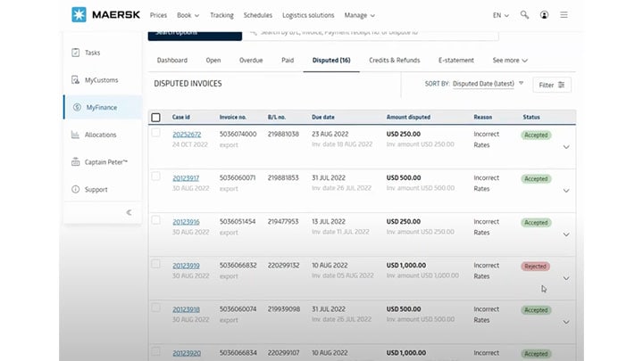 Disputed invoices section inside MyFinance platform