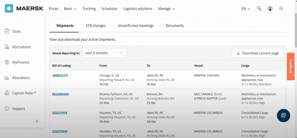 Maersk.com's Hub Dashboard showing Export Overview for various shipments.