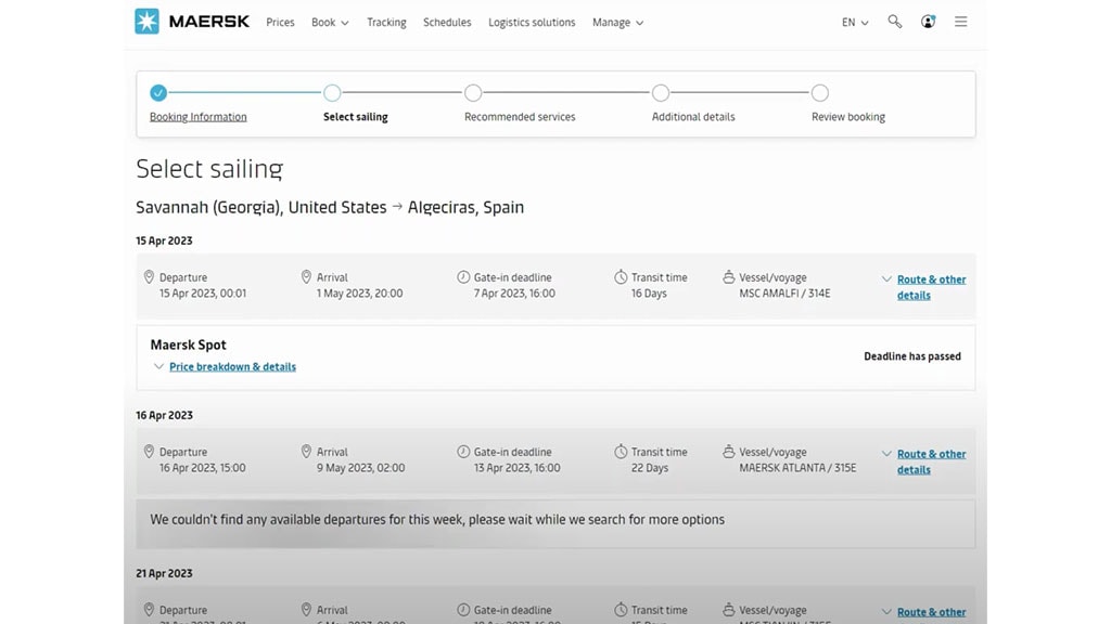 Maersk.com's Select Sailing tab under the Booking Details Dashboard. It shows arrival and departure times, gate-in deadline, transit time, and vessel/voyage details of different carriers.