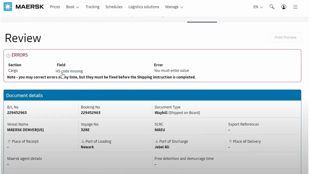 Review section, for a specific B/L, in the Shipping Instructions submit portal