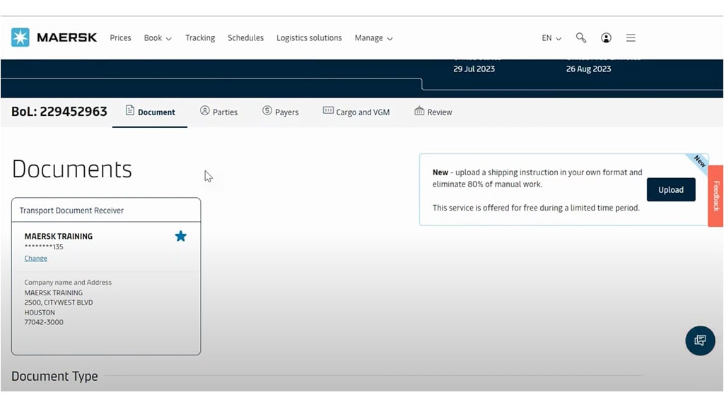 Reviewing a specific bill of lading in Maersk Hub dashboard